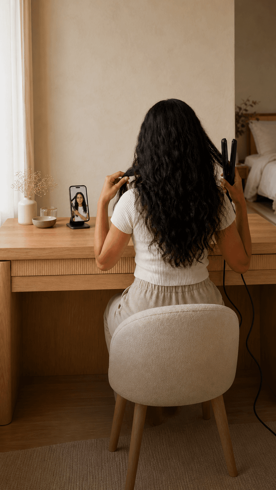 A woman using the CurlMyHair camera coach while styling with a flat iron
